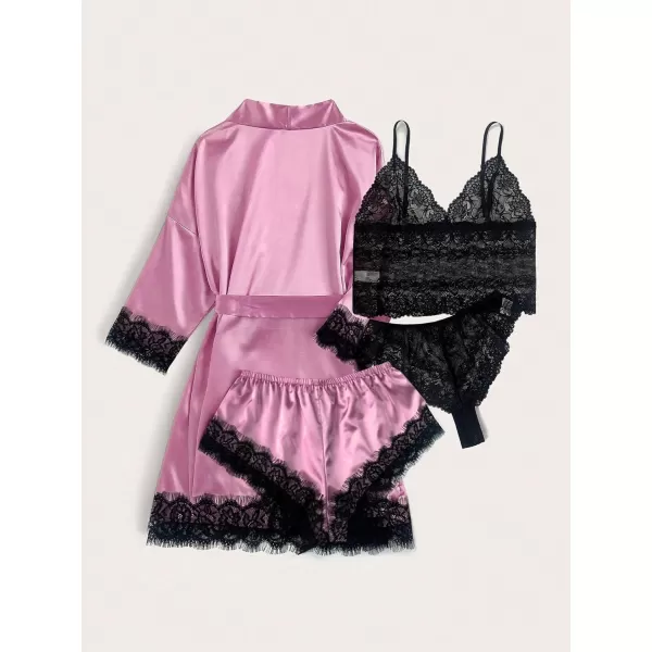 WDIRARA Women' Silk Satin Pajamas Set 4pcs Lingerie Floral Lace Cami Sleepwear with Robe