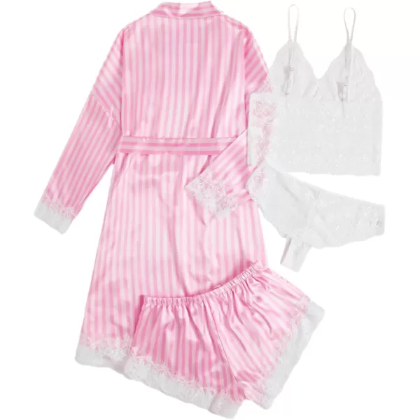 WDIRARA Women' Silk Satin Pajamas Set 4pcs Lingerie Floral Lace Cami Sleepwear with Robe