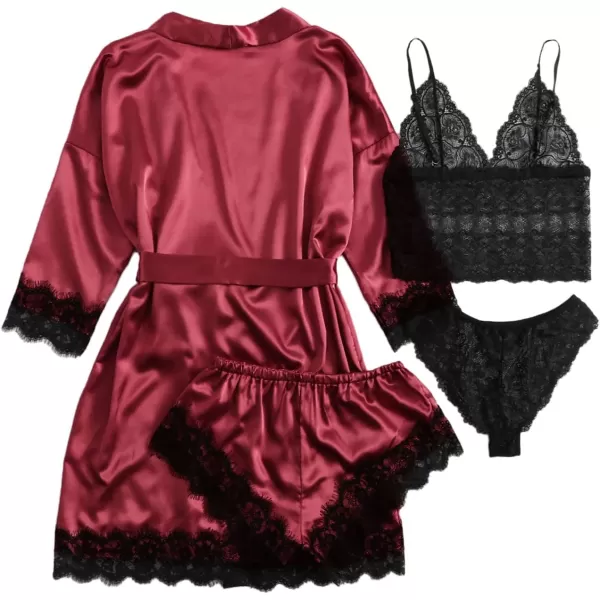 WDIRARA Women' Silk Satin Pajamas Set 4pcs Lingerie Floral Lace Cami Sleepwear with Robe