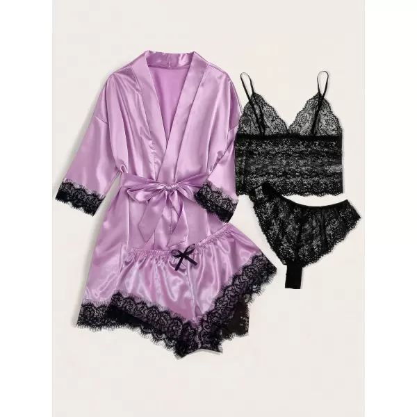 WDIRARA Women' Silk Satin Pajamas Set 4pcs Lingerie Floral Lace Cami Sleepwear with Robe