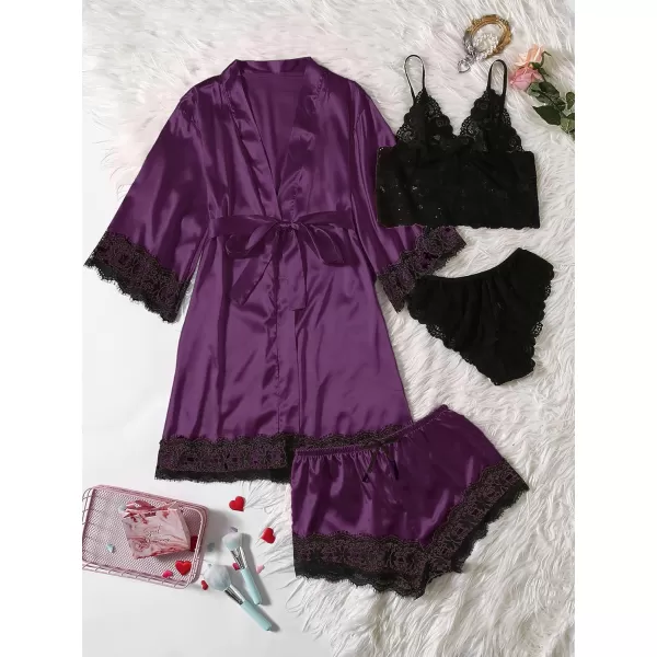WDIRARA Women' Silk Satin Pajamas Set 4pcs Lingerie Floral Lace Cami Sleepwear with Robe