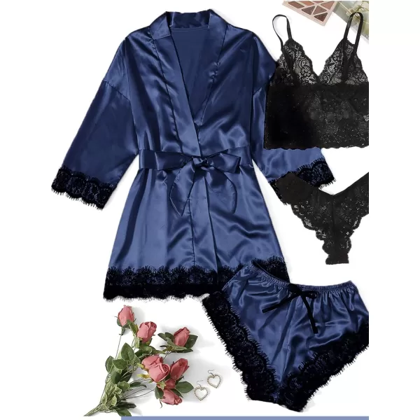 WDIRARA Women' Silk Satin Pajamas Set 4pcs Lingerie Floral Lace Cami Sleepwear with Robe