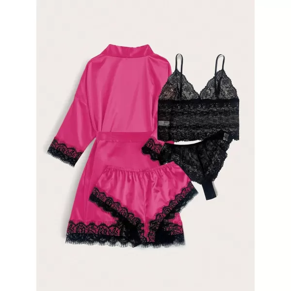 WDIRARA Women' Silk Satin Pajamas Set 4pcs Lingerie Floral Lace Cami Sleepwear with Robe