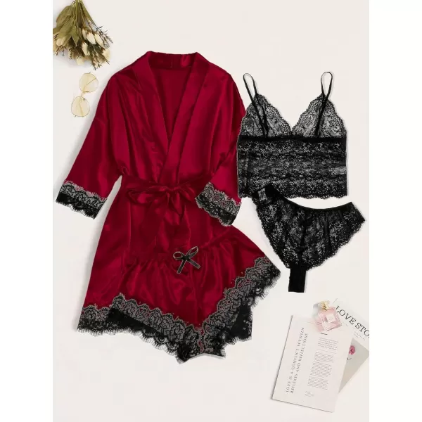 WDIRARA Women' Silk Satin Pajamas Set 4pcs Lingerie Floral Lace Cami Sleepwear with Robe
