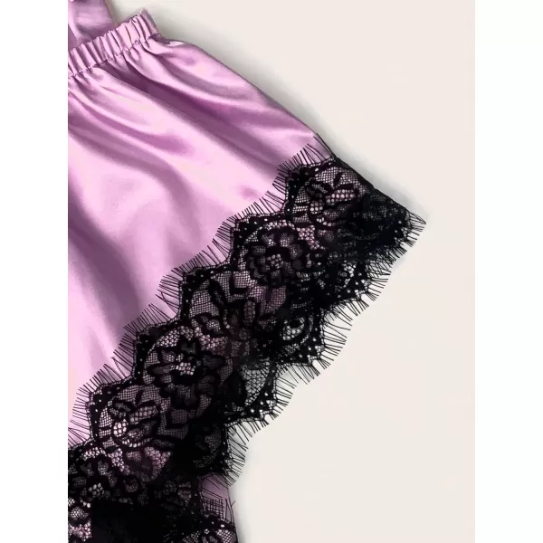 WDIRARA Women' Silk Satin Pajamas Set 4pcs Lingerie Floral Lace Cami Sleepwear with Robe