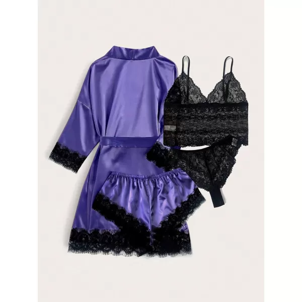 WDIRARA Women' Silk Satin Pajamas Set 4pcs Lingerie Floral Lace Cami Sleepwear with Robe
