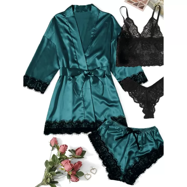 WDIRARA Women' Silk Satin Pajamas Set 4pcs Lingerie Floral Lace Cami Sleepwear with Robe