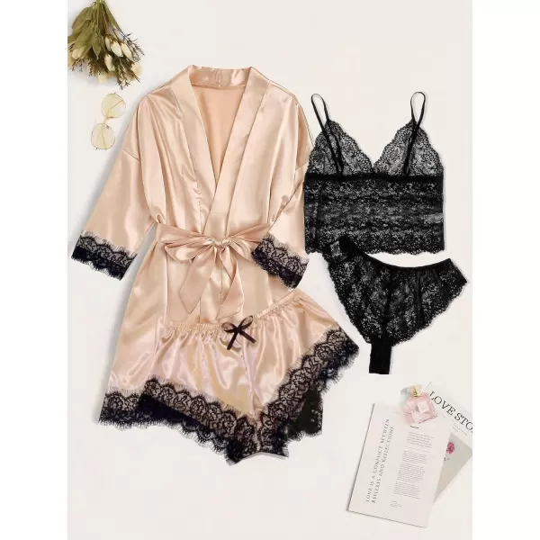 WDIRARA Women' Silk Satin Pajamas Set 4pcs Lingerie Floral Lace Cami Sleepwear with Robe