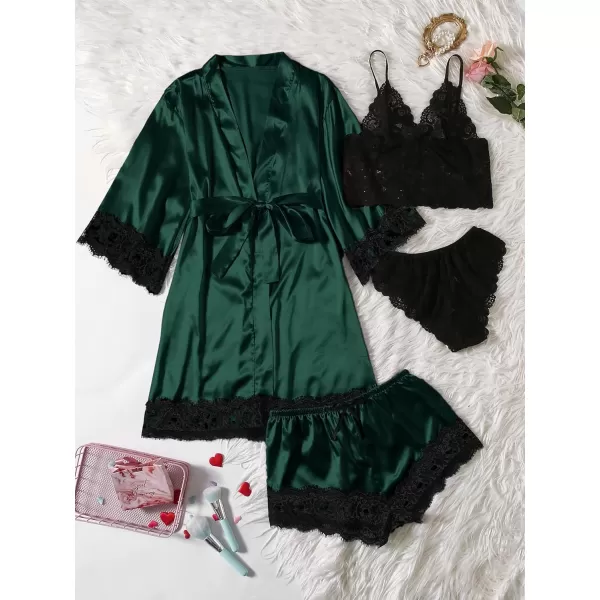 WDIRARA Women' Silk Satin Pajamas Set 4pcs Lingerie Floral Lace Cami Sleepwear with Robe