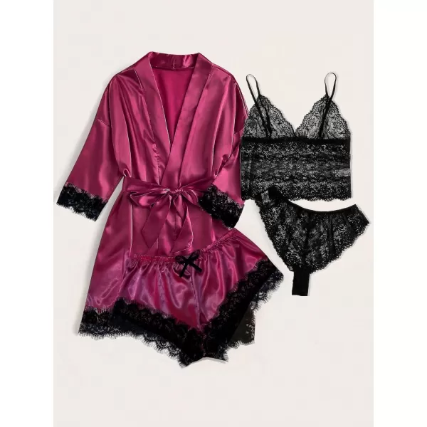 WDIRARA Women' Silk Satin Pajamas Set 4pcs Lingerie Floral Lace Cami Sleepwear with Robe