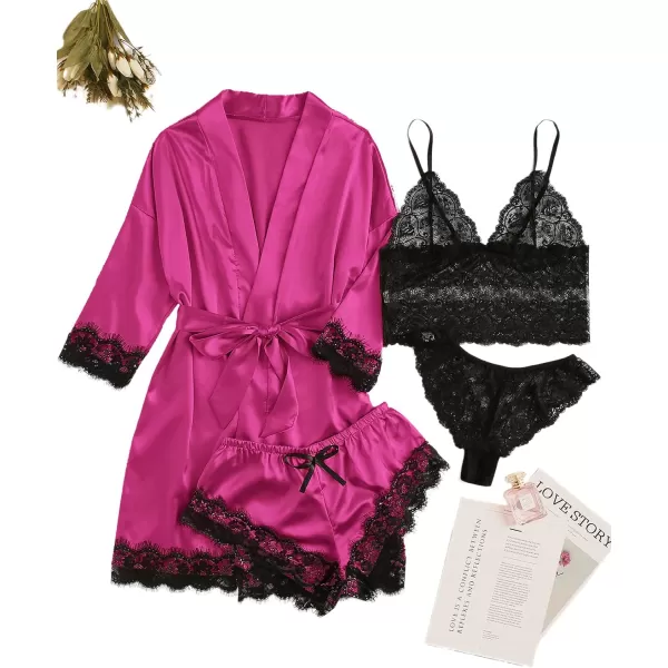 WDIRARA Women' Silk Satin Pajamas Set 4pcs Lingerie Floral Lace Cami Sleepwear with Robe