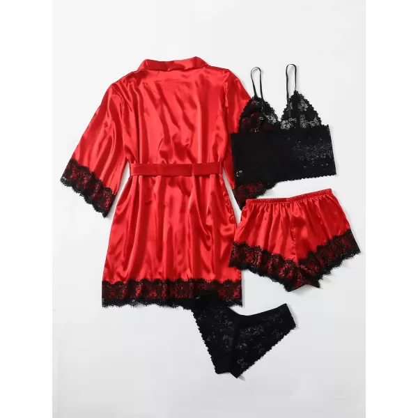 WDIRARA Women' Silk Satin Pajamas Set 4pcs Lingerie Floral Lace Cami Sleepwear with Robe