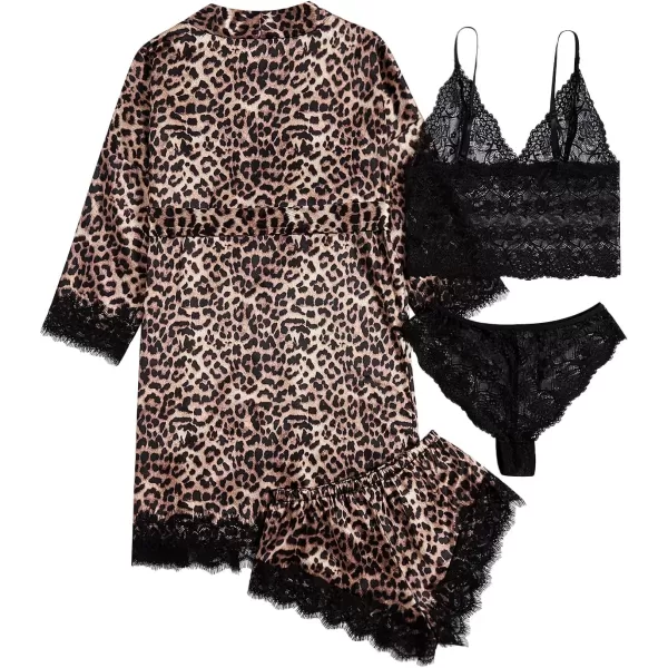WDIRARA Women' Silk Satin Pajamas Set 4pcs Lingerie Floral Lace Cami Sleepwear with Robe