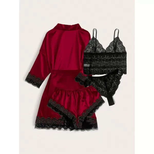 WDIRARA Women' Silk Satin Pajamas Set 4pcs Lingerie Floral Lace Cami Sleepwear with Robe