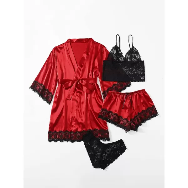 WDIRARA Women' Silk Satin Pajamas Set 4pcs Lingerie Floral Lace Cami Sleepwear with Robe