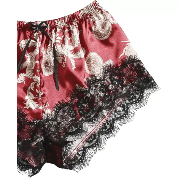 WDIRARA Women' Silk Satin Pajamas Set 4pcs Lingerie Floral Lace Cami Sleepwear with Robe
