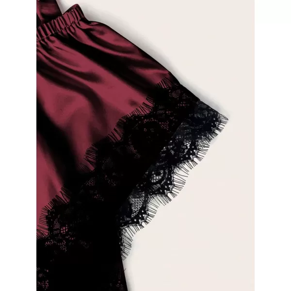 WDIRARA Women' Silk Satin Pajamas Set 4pcs Lingerie Floral Lace Cami Sleepwear with Robe