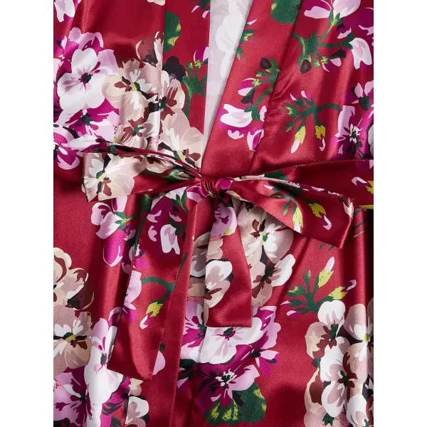 WDIRARA Women' Silk Satin Pajamas Set 4pcs Lingerie Floral Lace Cami Sleepwear with Robe