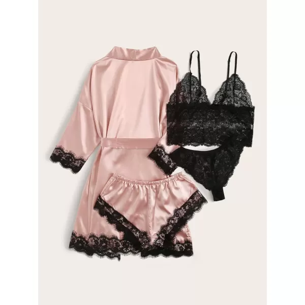 WDIRARA Women' Silk Satin Pajamas Set 4pcs Lingerie Floral Lace Cami Sleepwear with Robe