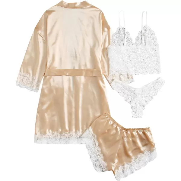 WDIRARA Women' Silk Satin Pajamas Set 4pcs Lingerie Floral Lace Cami Sleepwear with Robe