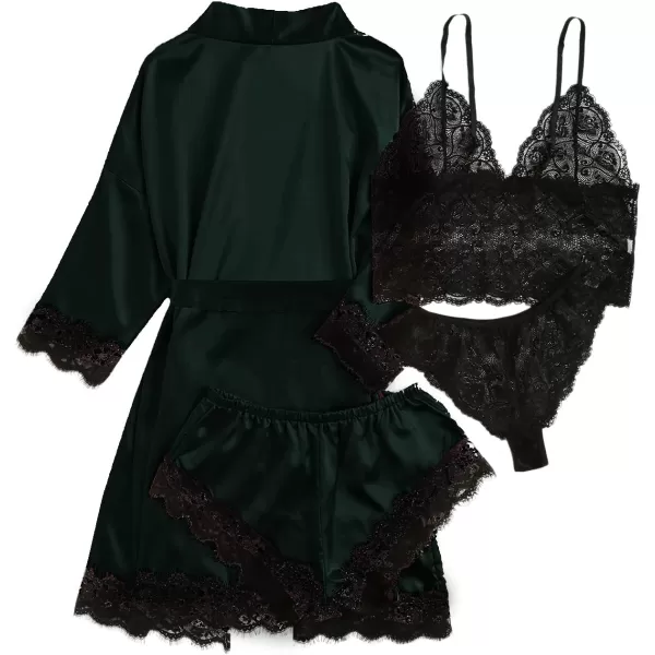 WDIRARA Women' Silk Satin Pajamas Set 4pcs Lingerie Floral Lace Cami Sleepwear with Robe