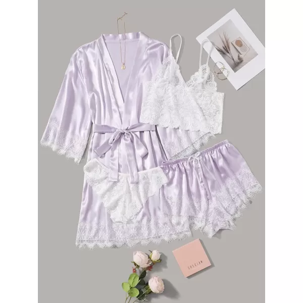 WDIRARA Women' Silk Satin Pajamas Set 4pcs Lingerie Floral Lace Cami Sleepwear with Robe