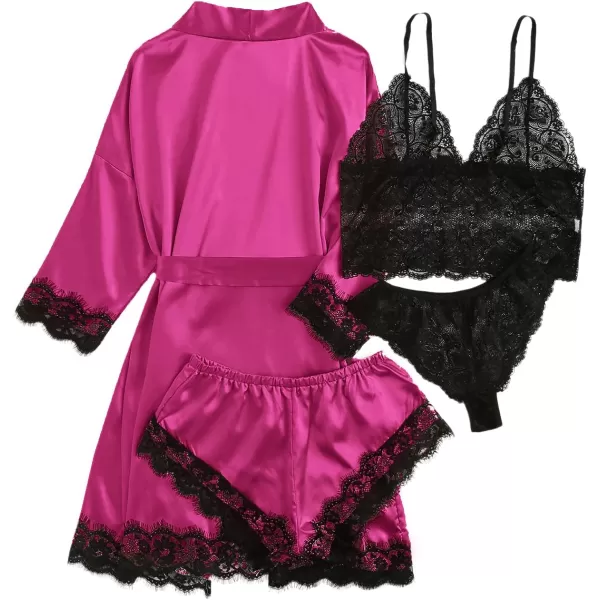 WDIRARA Women' Silk Satin Pajamas Set 4pcs Lingerie Floral Lace Cami Sleepwear with Robe