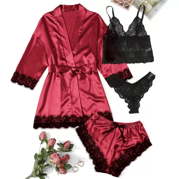WDIRARA Women' Silk Satin Pajamas Set 4pcs Lingerie Floral Lace Cami Sleepwear with Robe
