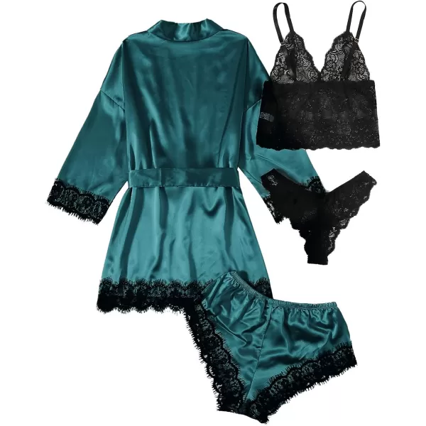 WDIRARA Women' Silk Satin Pajamas Set 4pcs Lingerie Floral Lace Cami Sleepwear with Robe