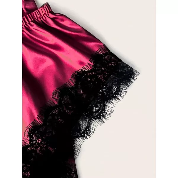 WDIRARA Women' Silk Satin Pajamas Set 4pcs Lingerie Floral Lace Cami Sleepwear with Robe