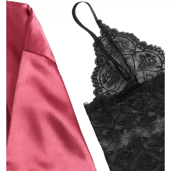 WDIRARA Women' Silk Satin Pajamas Set 4pcs Lingerie Floral Lace Cami Sleepwear with Robe