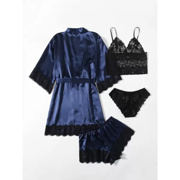 WDIRARA Women' Silk Satin Pajamas Set 4pcs Lingerie Floral Lace Cami Sleepwear with Robe