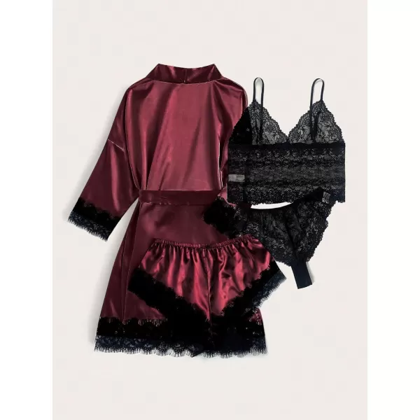 WDIRARA Women' Silk Satin Pajamas Set 4pcs Lingerie Floral Lace Cami Sleepwear with Robe
