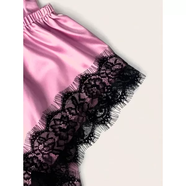 WDIRARA Women' Silk Satin Pajamas Set 4pcs Lingerie Floral Lace Cami Sleepwear with Robe