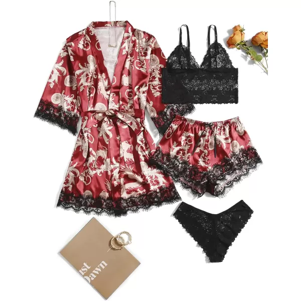 WDIRARA Women' Silk Satin Pajamas Set 4pcs Lingerie Floral Lace Cami Sleepwear with Robe