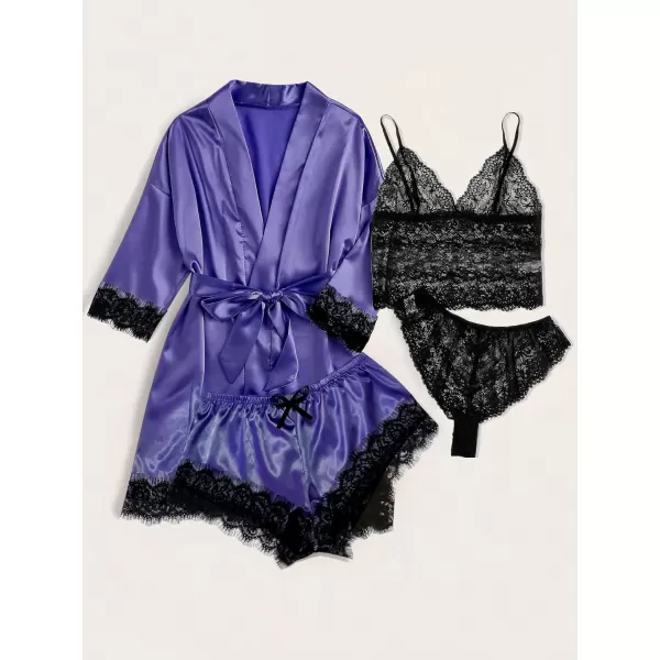WDIRARA Women' Silk Satin Pajamas Set 4pcs Lingerie Floral Lace Cami Sleepwear with Robe