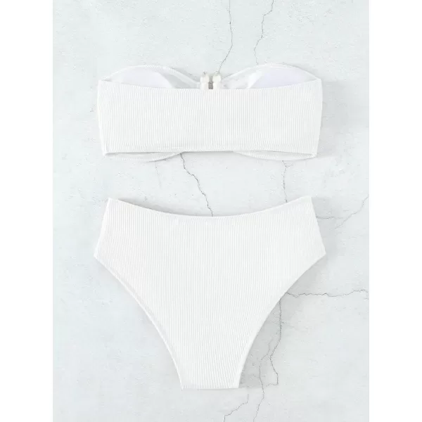 WDIRARA Women's 2 Piece Bikini Set Rib Knit Strapless Knot Front High Waist Swimsuit Set