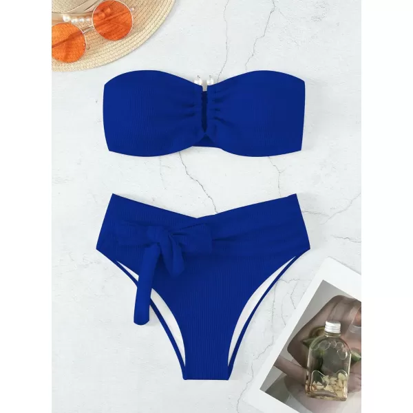 WDIRARA Women's 2 Piece Bikini Set Rib Knit Strapless Knot Front High Waist Swimsuit Set