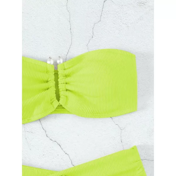WDIRARA Women's 2 Piece Bikini Set Rib Knit Strapless Knot Front High Waist Swimsuit Set