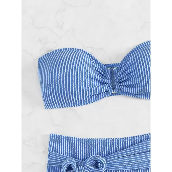 WDIRARA Women's 2 Piece Bikini Set Rib Knit Strapless Knot Front High Waist Swimsuit Set