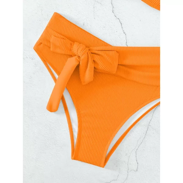 WDIRARA Women's 2 Piece Bikini Set Rib Knit Strapless Knot Front High Waist Swimsuit Set