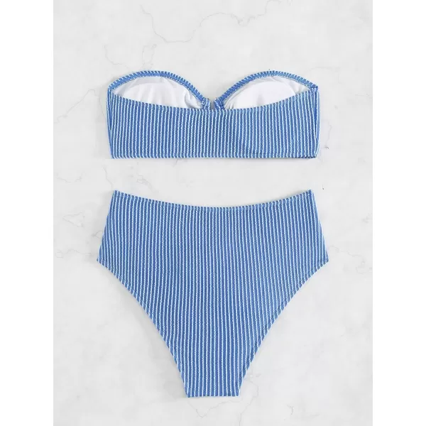WDIRARA Women's 2 Piece Bikini Set Rib Knit Strapless Knot Front High Waist Swimsuit Set