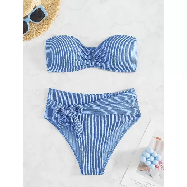WDIRARA Women's 2 Piece Bikini Set Rib Knit Strapless Knot Front High Waist Swimsuit Set