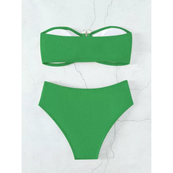 WDIRARA Women's 2 Piece Bikini Set Rib Knit Strapless Knot Front High Waist Swimsuit Set