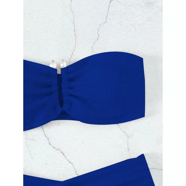 WDIRARA Women's 2 Piece Bikini Set Rib Knit Strapless Knot Front High Waist Swimsuit Set