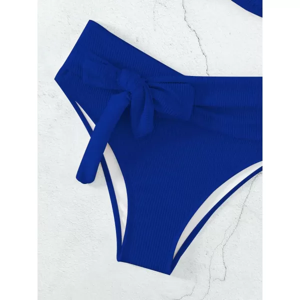 WDIRARA Women's 2 Piece Bikini Set Rib Knit Strapless Knot Front High Waist Swimsuit Set