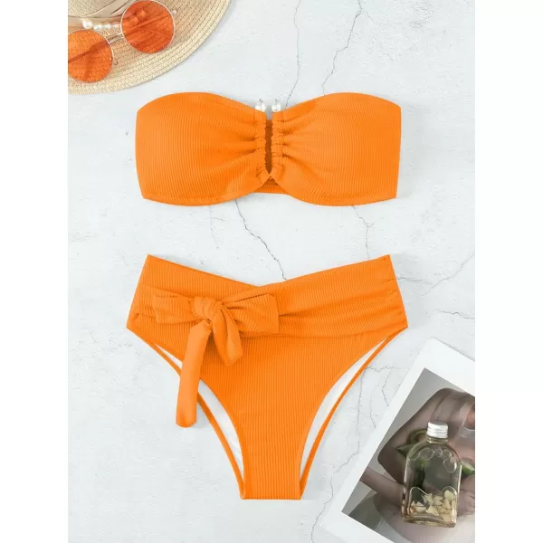 WDIRARA Women's 2 Piece Bikini Set Rib Knit Strapless Knot Front High Waist Swimsuit Set