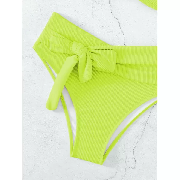 WDIRARA Women's 2 Piece Bikini Set Rib Knit Strapless Knot Front High Waist Swimsuit Set