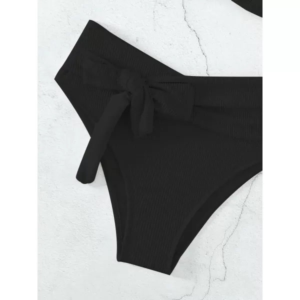 WDIRARA Women's 2 Piece Bikini Set Rib Knit Strapless Knot Front High Waist Swimsuit Set