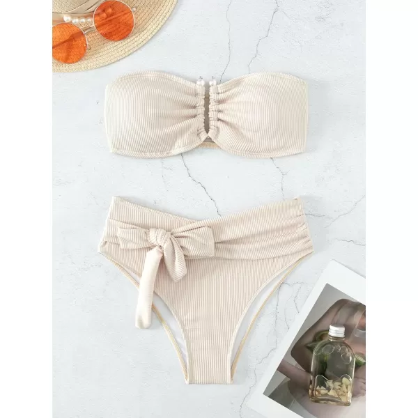 WDIRARA Women's 2 Piece Bikini Set Rib Knit Strapless Knot Front High Waist Swimsuit Set